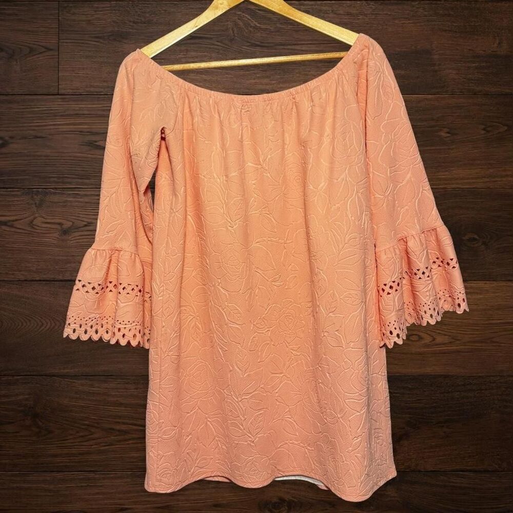 VaVa by Joy Han Boho Eyelet Bell Sleeve Off Shoulder Coral Peach Mini Dress S